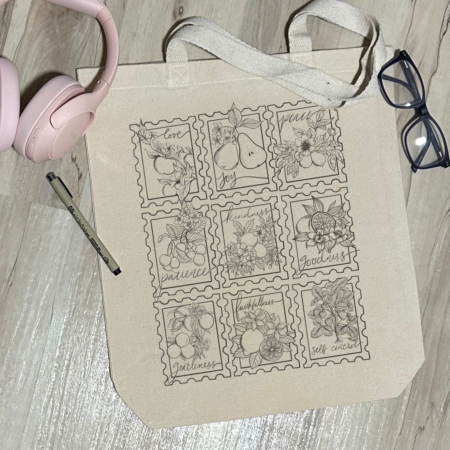 The Fruit of the Spirit Stamps - Sturdy Canvas Tote Bags with Bottom 15"W x 16"H x 3"D