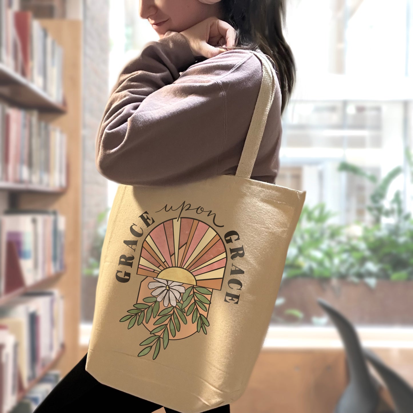 Grace upon Grace- Sturdy Canvas Tote Bags with Bottom 15"W x 16"H x 3"D