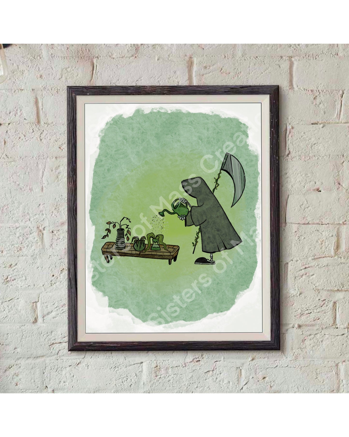 Grim Reaper watering his plants  Print