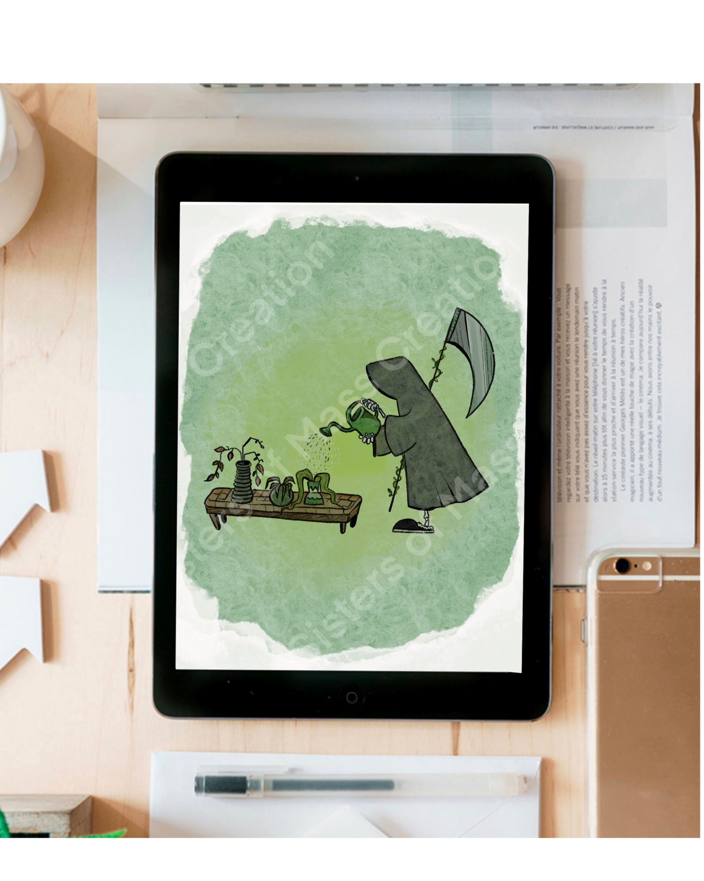 Grim Reaper waters his plants - instant download digital printable artwork