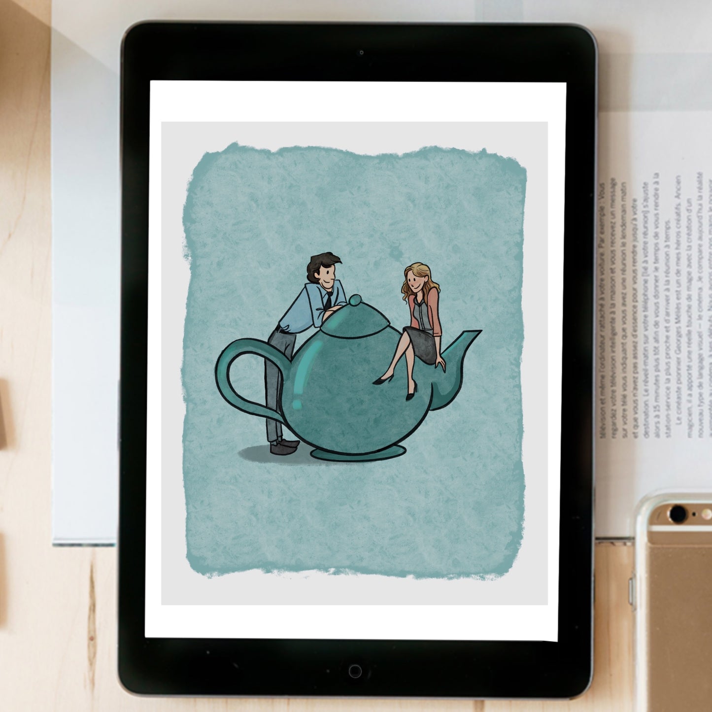 The Office Pam and Jim by a Teapot  - instant download digital printable artwork